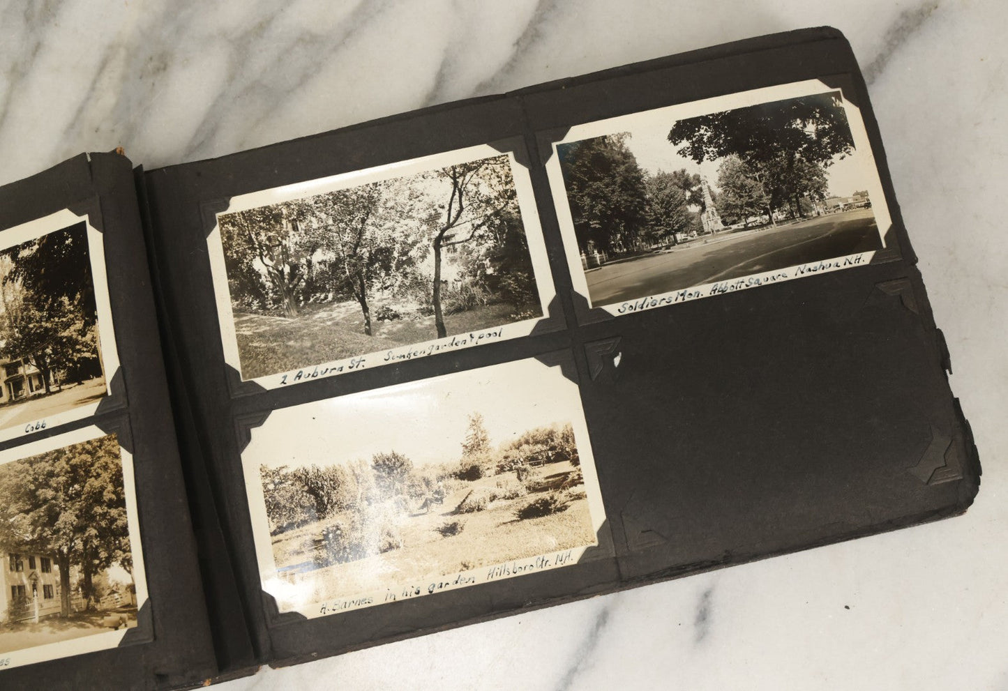 Lot 135 - Vintage Brown Photo Album With Detached Cover And Many Snapshot Photographs Including Gravestones, Houses, Churches, In And Around Nashua New Hampshire, Circa 1935 (All Pages Pictured)