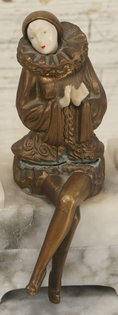 Lot 009 - Pair Of Art Deco Figural Pierrot Bookends, Cast Metal With Marble Bases, Sitting Clown Design