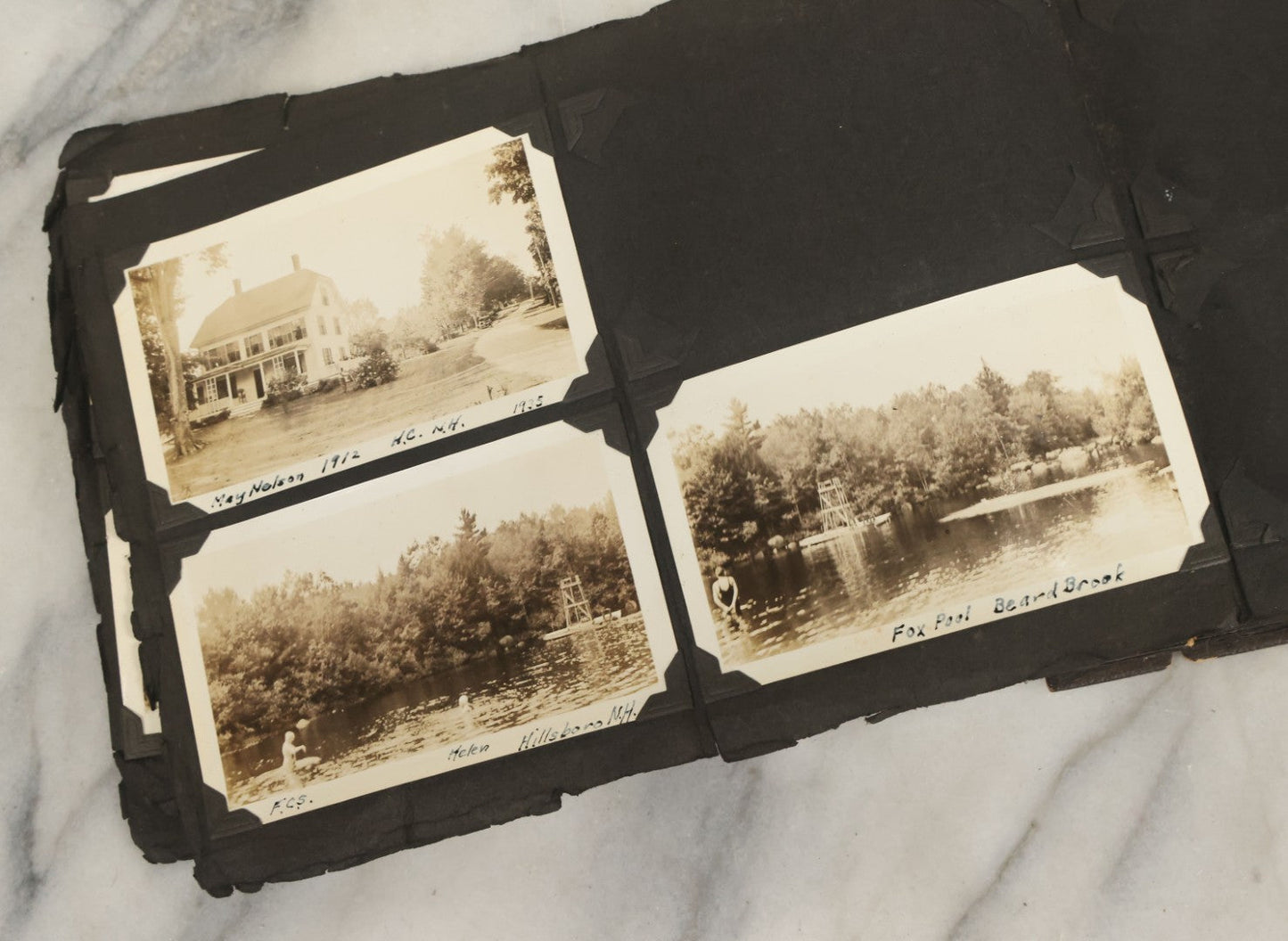 Lot 135 - Vintage Brown Photo Album With Detached Cover And Many Snapshot Photographs Including Gravestones, Houses, Churches, In And Around Nashua New Hampshire, Circa 1935 (All Pages Pictured)