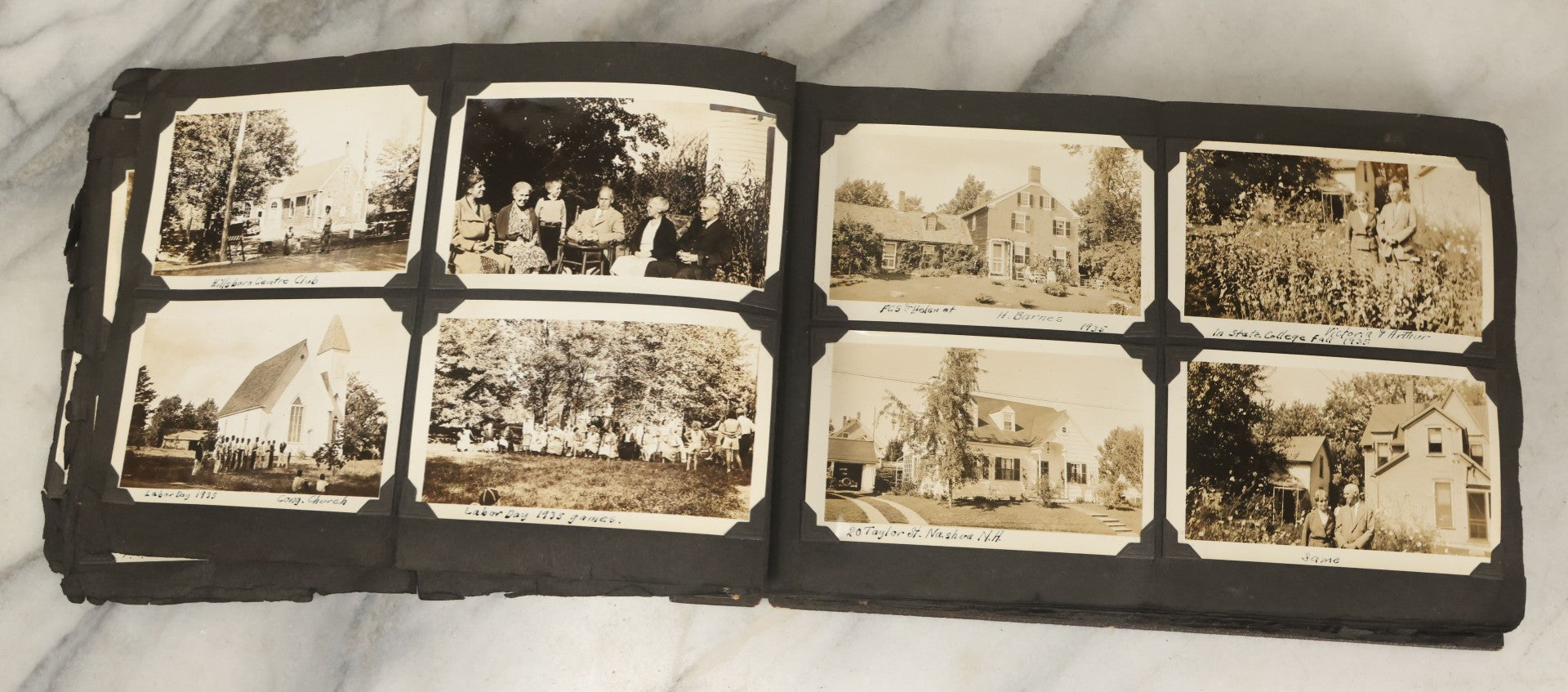Lot 135 - Vintage Brown Photo Album With Detached Cover And Many Snapshot Photographs Including Gravestones, Houses, Churches, In And Around Nashua New Hampshire, Circa 1935 (All Pages Pictured)