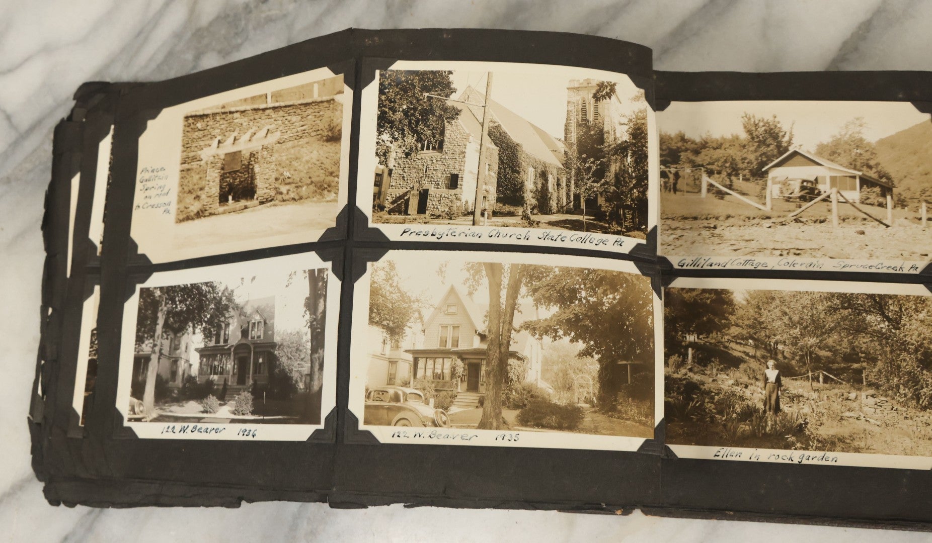 Lot 135 - Vintage Brown Photo Album With Detached Cover And Many Snapshot Photographs Including Gravestones, Houses, Churches, In And Around Nashua New Hampshire, Circa 1935 (All Pages Pictured)
