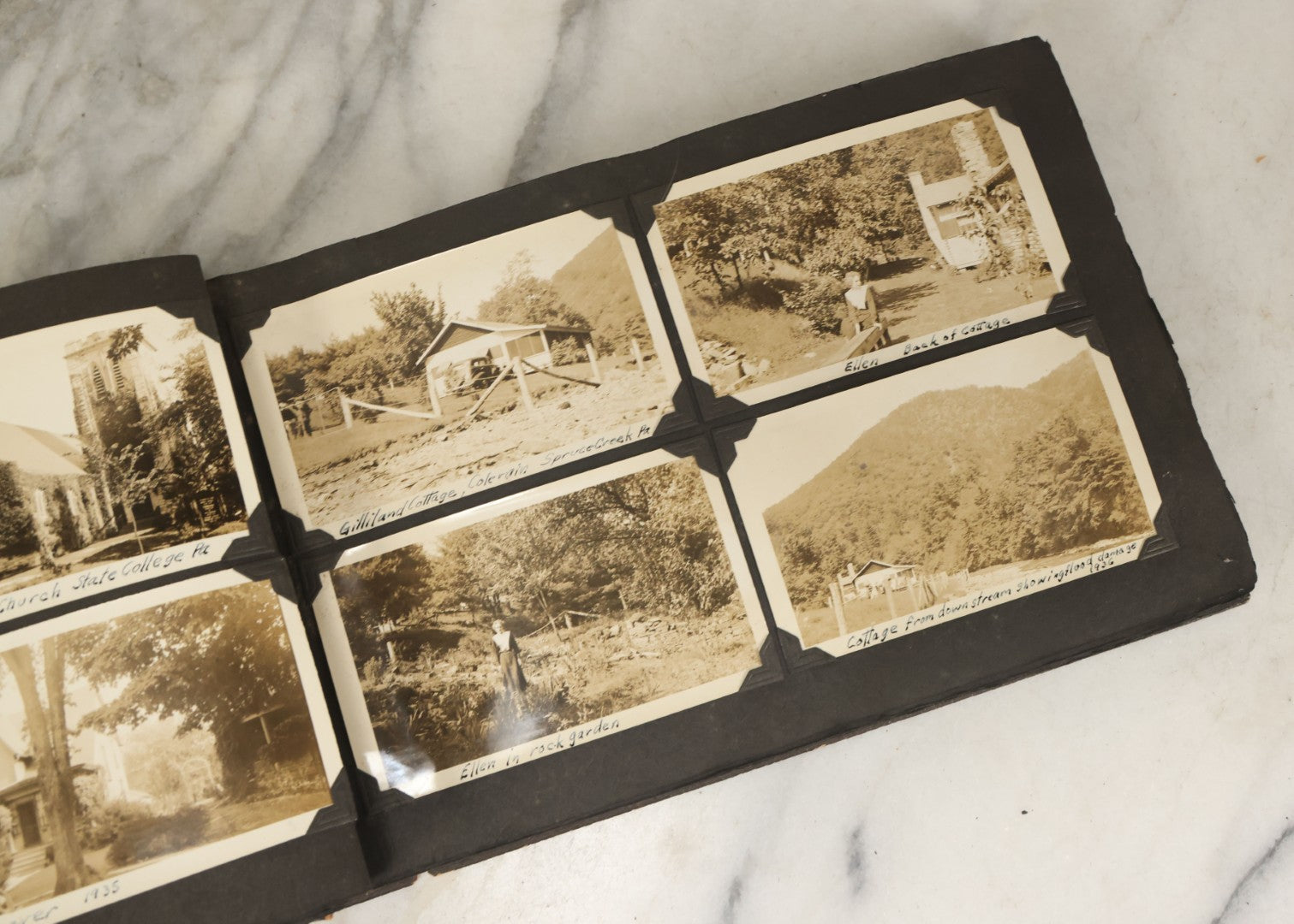 Lot 135 - Vintage Brown Photo Album With Detached Cover And Many Snapshot Photographs Including Gravestones, Houses, Churches, In And Around Nashua New Hampshire, Circa 1935 (All Pages Pictured)
