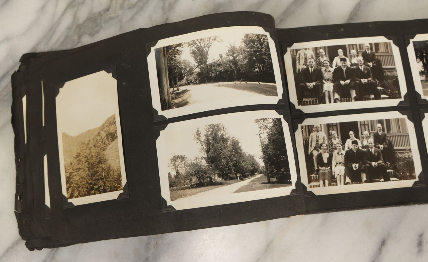 Lot 135 - Vintage Brown Photo Album With Detached Cover And Many Snapshot Photographs Including Gravestones, Houses, Churches, In And Around Nashua New Hampshire, Circa 1935 (All Pages Pictured)