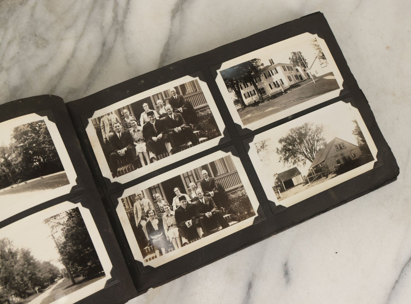 Lot 135 - Vintage Brown Photo Album With Detached Cover And Many Snapshot Photographs Including Gravestones, Houses, Churches, In And Around Nashua New Hampshire, Circa 1935 (All Pages Pictured)