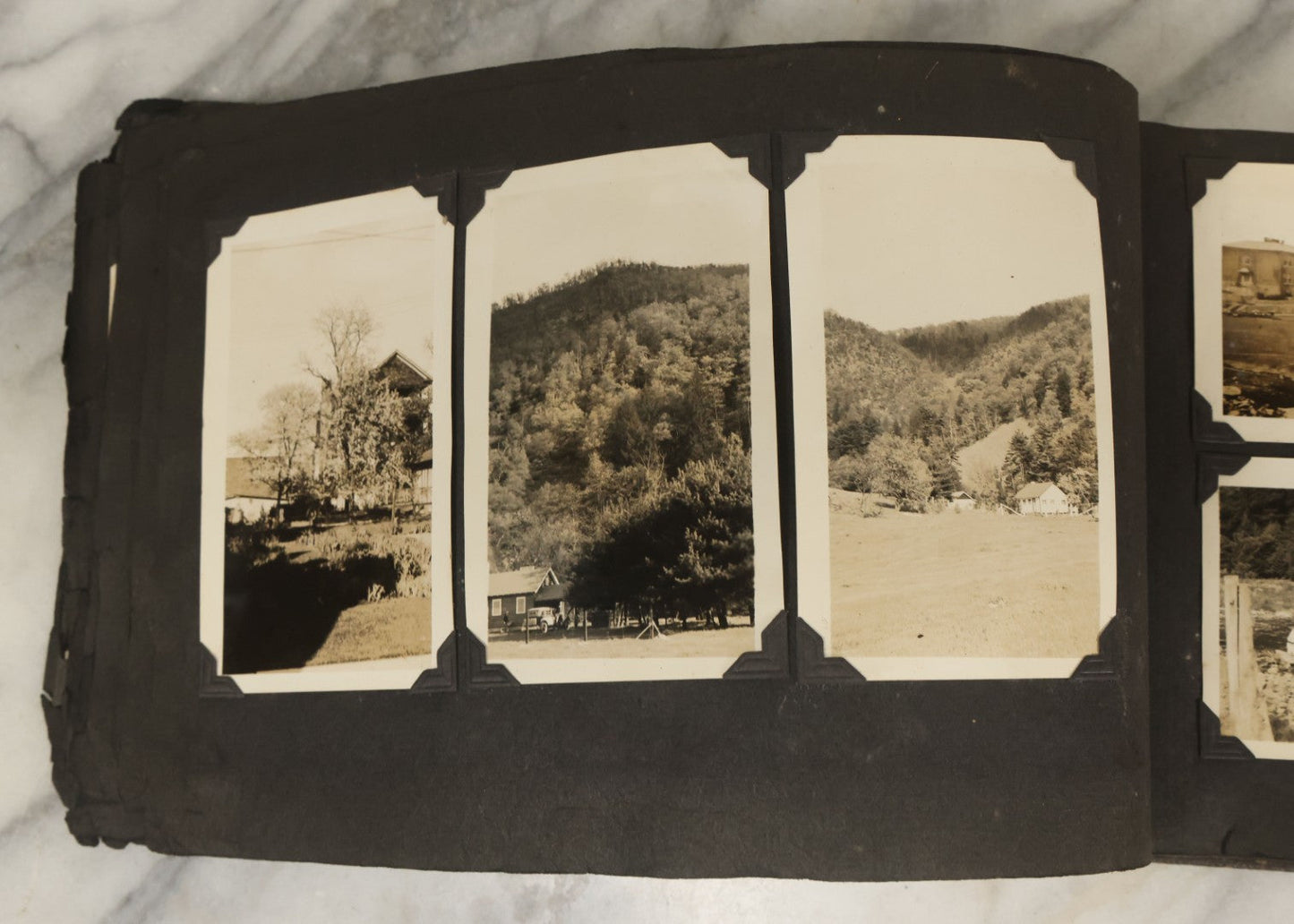 Lot 135 - Vintage Brown Photo Album With Detached Cover And Many Snapshot Photographs Including Gravestones, Houses, Churches, In And Around Nashua New Hampshire, Circa 1935 (All Pages Pictured)