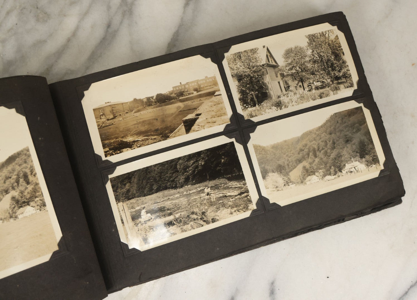 Lot 135 - Vintage Brown Photo Album With Detached Cover And Many Snapshot Photographs Including Gravestones, Houses, Churches, In And Around Nashua New Hampshire, Circa 1935 (All Pages Pictured)