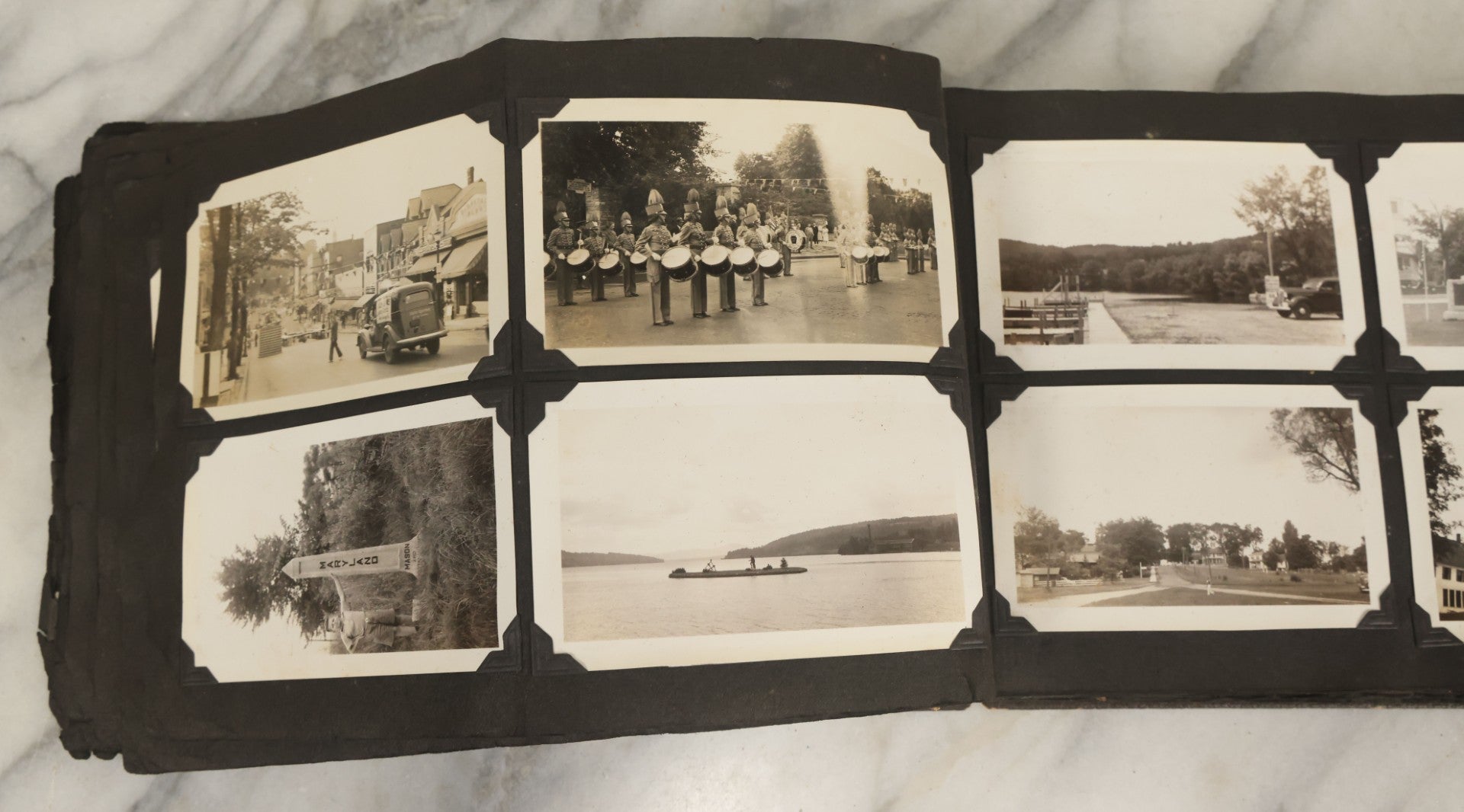 Lot 135 - Vintage Brown Photo Album With Detached Cover And Many Snapshot Photographs Including Gravestones, Houses, Churches, In And Around Nashua New Hampshire, Circa 1935 (All Pages Pictured)