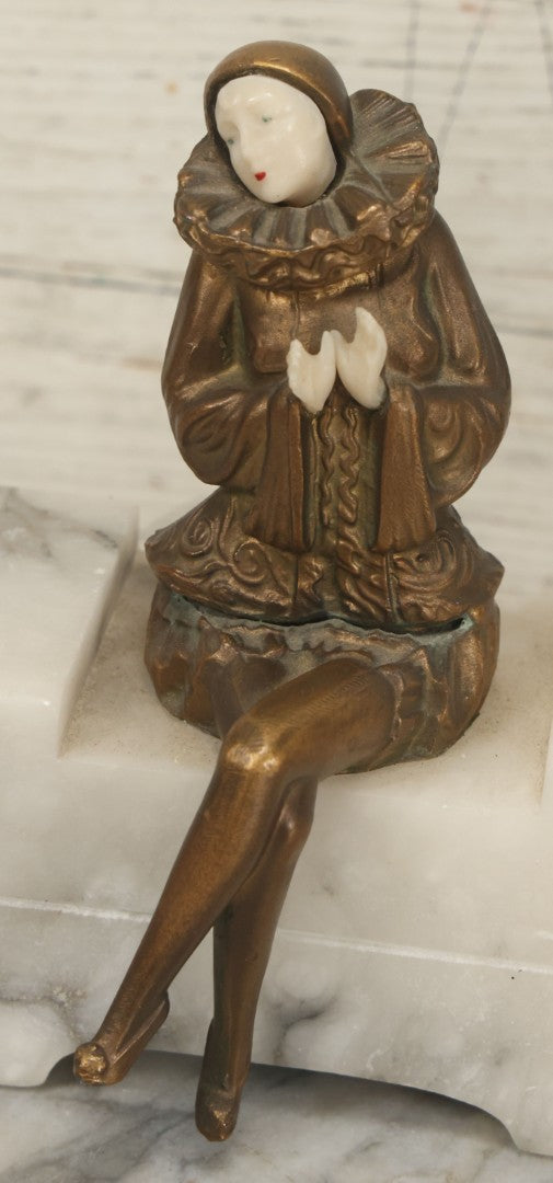 Lot 009 - Pair Of Art Deco Figural Pierrot Bookends, Cast Metal With Marble Bases, Sitting Clown Design