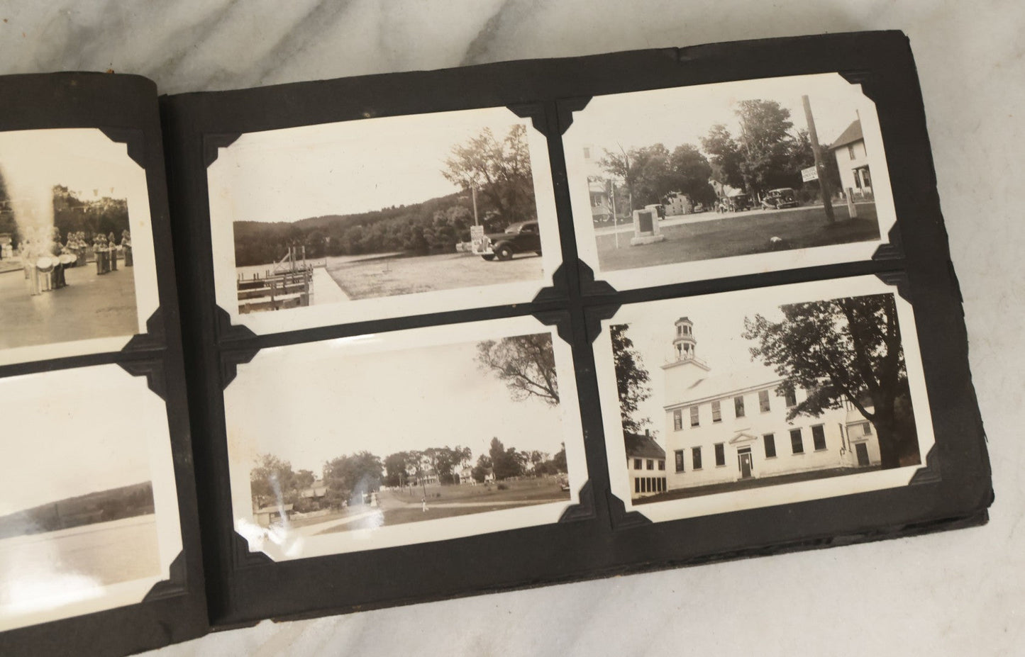 Lot 135 - Vintage Brown Photo Album With Detached Cover And Many Snapshot Photographs Including Gravestones, Houses, Churches, In And Around Nashua New Hampshire, Circa 1935 (All Pages Pictured)