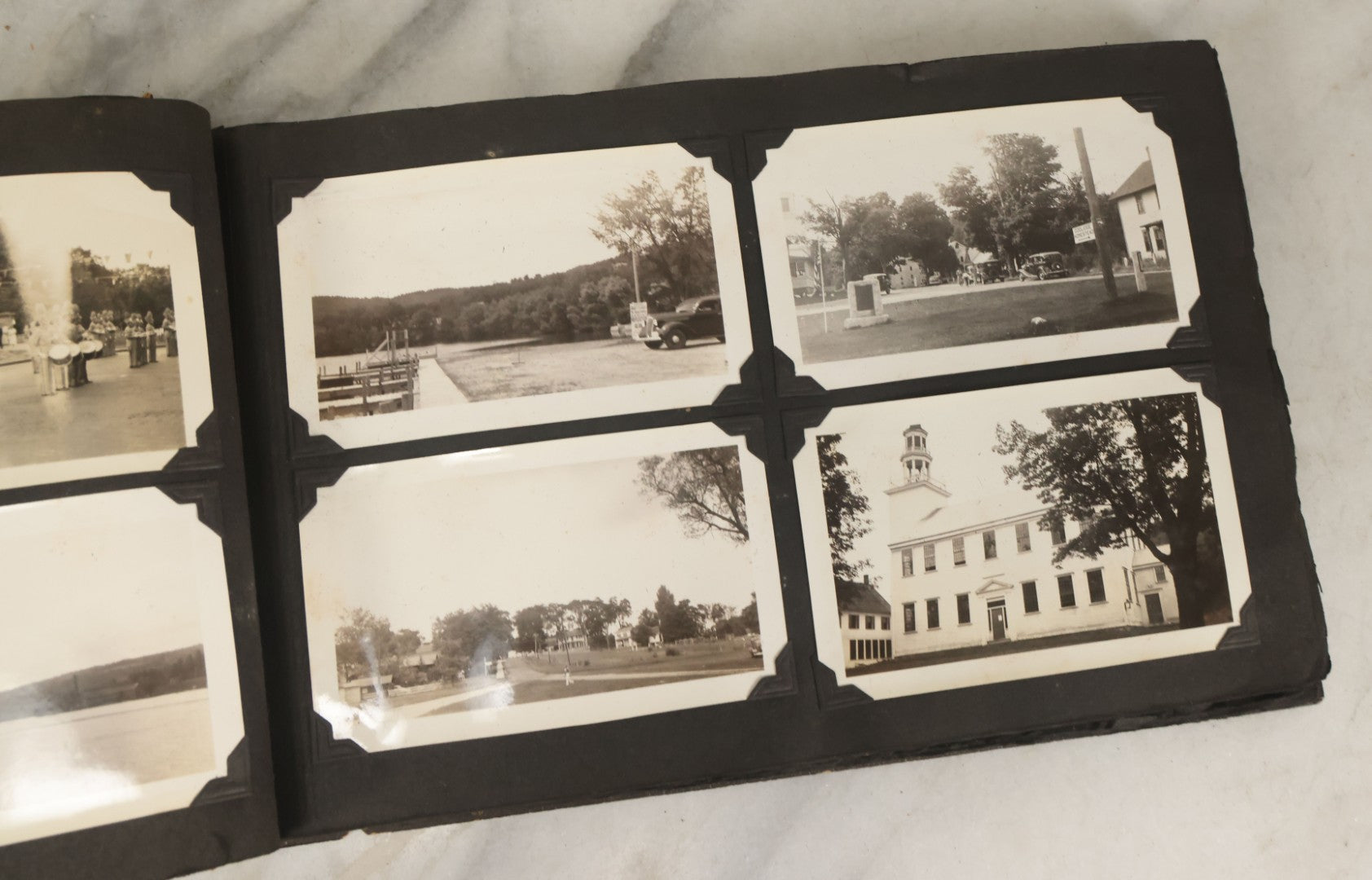 Lot 135 - Vintage Brown Photo Album With Detached Cover And Many Snapshot Photographs Including Gravestones, Houses, Churches, In And Around Nashua New Hampshire, Circa 1935 (All Pages Pictured)