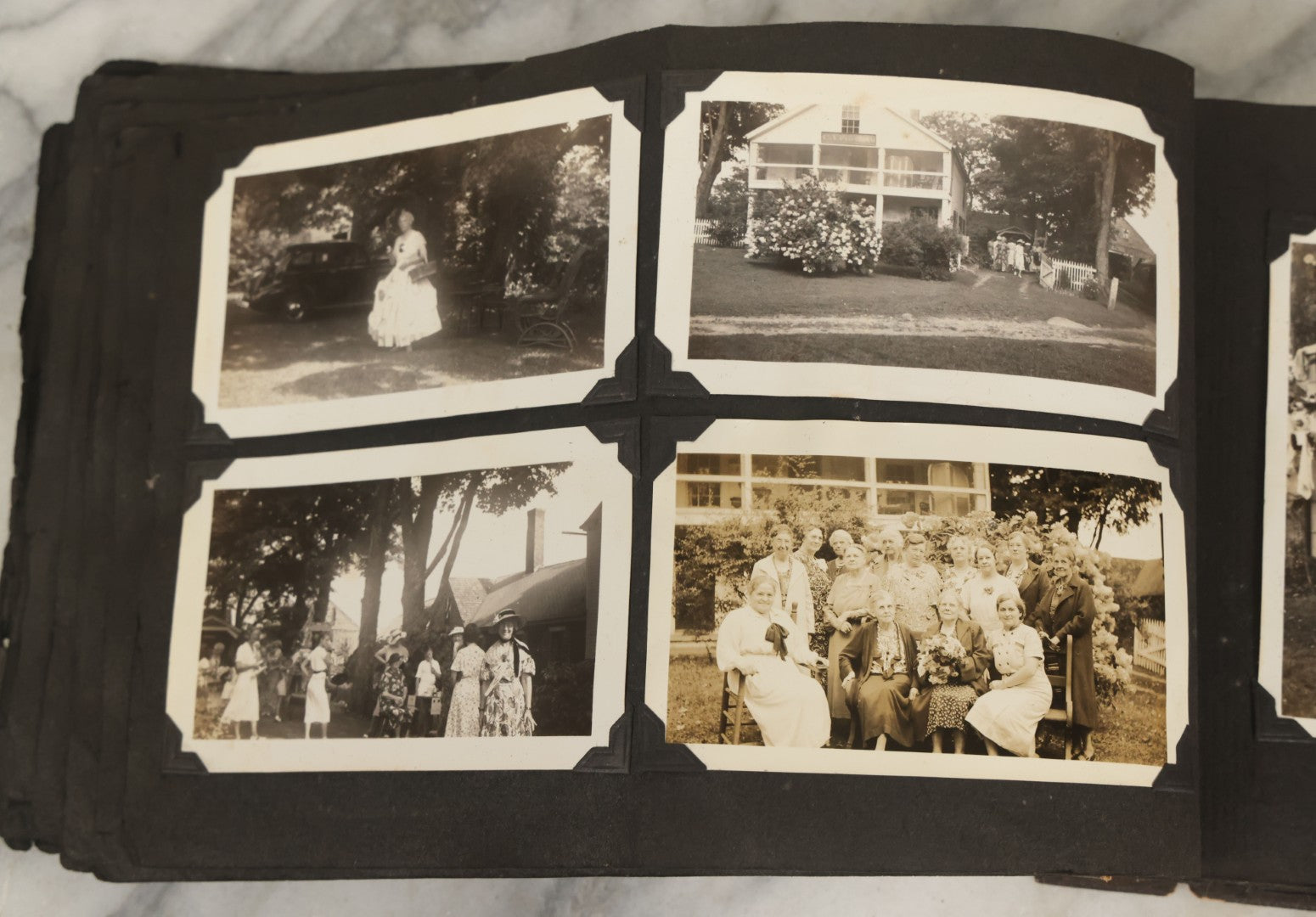 Lot 135 - Vintage Brown Photo Album With Detached Cover And Many Snapshot Photographs Including Gravestones, Houses, Churches, In And Around Nashua New Hampshire, Circa 1935 (All Pages Pictured)