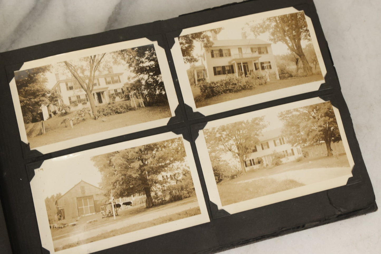 Lot 135 - Vintage Brown Photo Album With Detached Cover And Many Snapshot Photographs Including Gravestones, Houses, Churches, In And Around Nashua New Hampshire, Circa 1935 (All Pages Pictured)