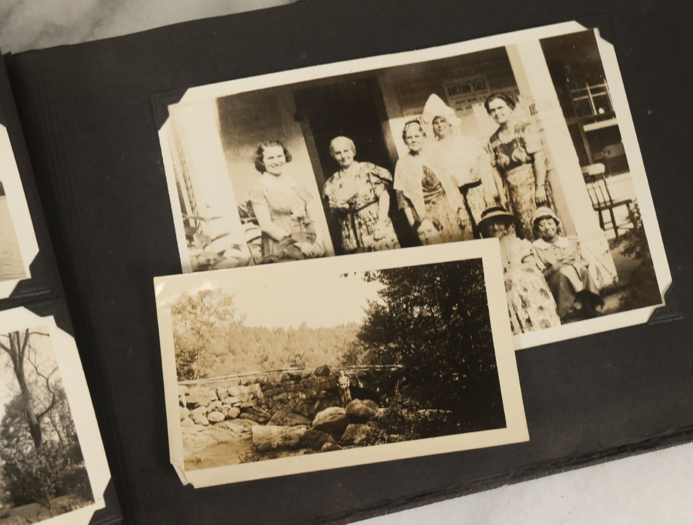 Lot 135 - Vintage Brown Photo Album With Detached Cover And Many Snapshot Photographs Including Gravestones, Houses, Churches, In And Around Nashua New Hampshire, Circa 1935 (All Pages Pictured)