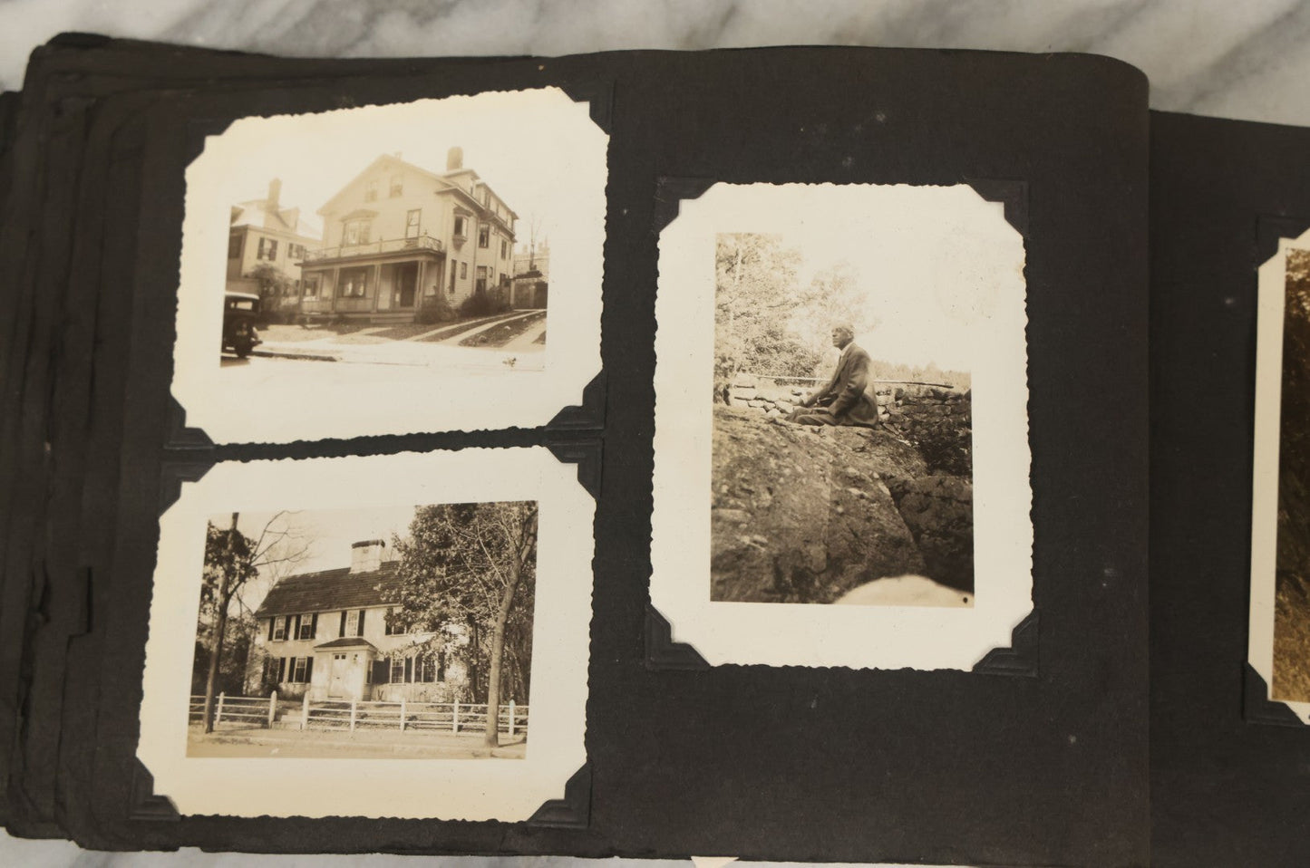 Lot 135 - Vintage Brown Photo Album With Detached Cover And Many Snapshot Photographs Including Gravestones, Houses, Churches, In And Around Nashua New Hampshire, Circa 1935 (All Pages Pictured)