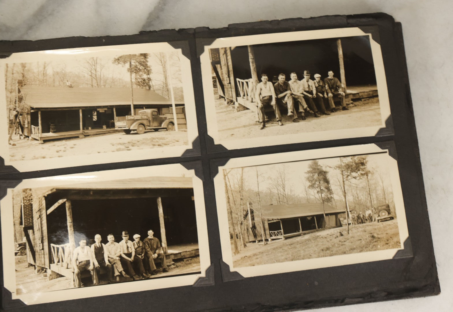 Lot 135 - Vintage Brown Photo Album With Detached Cover And Many Snapshot Photographs Including Gravestones, Houses, Churches, In And Around Nashua New Hampshire, Circa 1935 (All Pages Pictured)