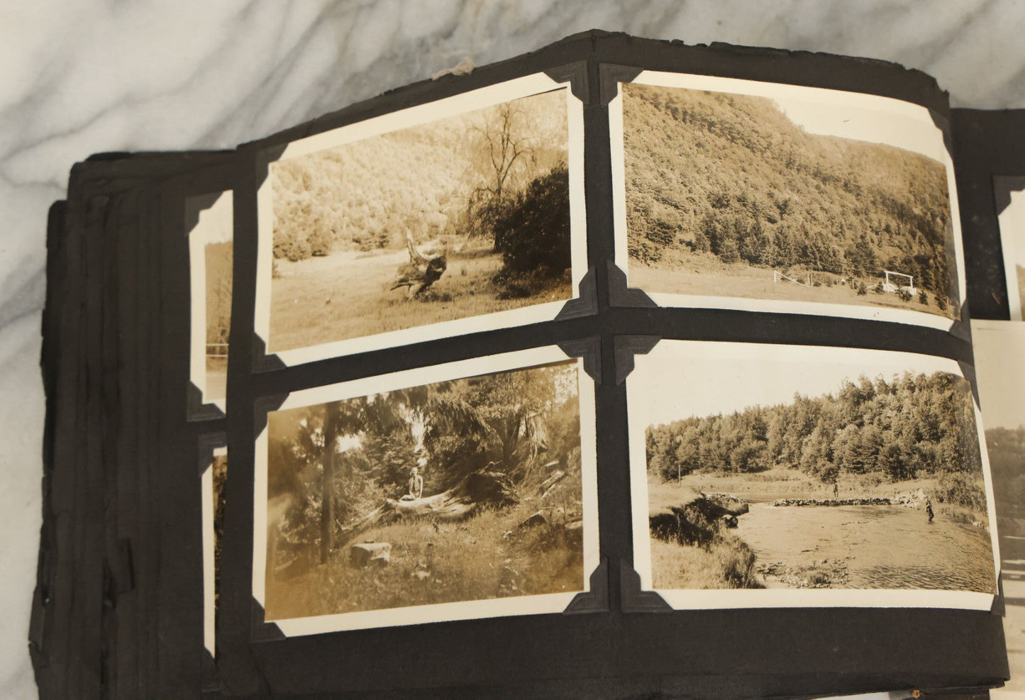 Lot 135 - Vintage Brown Photo Album With Detached Cover And Many Snapshot Photographs Including Gravestones, Houses, Churches, In And Around Nashua New Hampshire, Circa 1935 (All Pages Pictured)