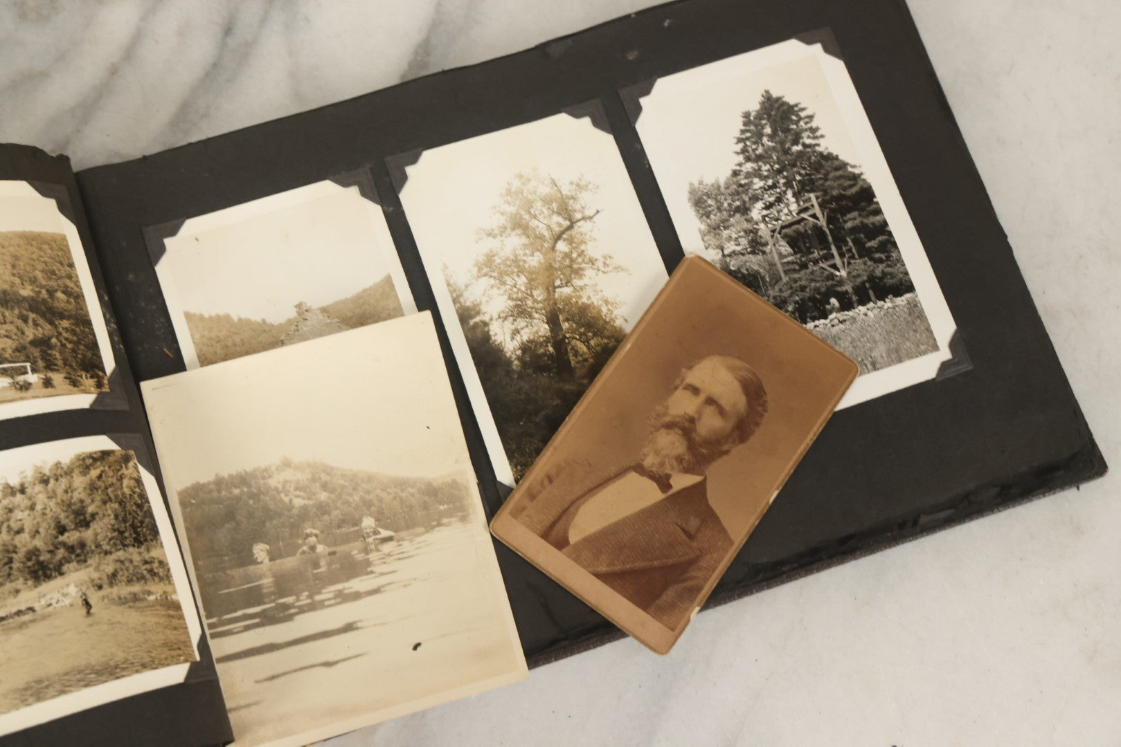 Lot 135 - Vintage Brown Photo Album With Detached Cover And Many Snapshot Photographs Including Gravestones, Houses, Churches, In And Around Nashua New Hampshire, Circa 1935 (All Pages Pictured)