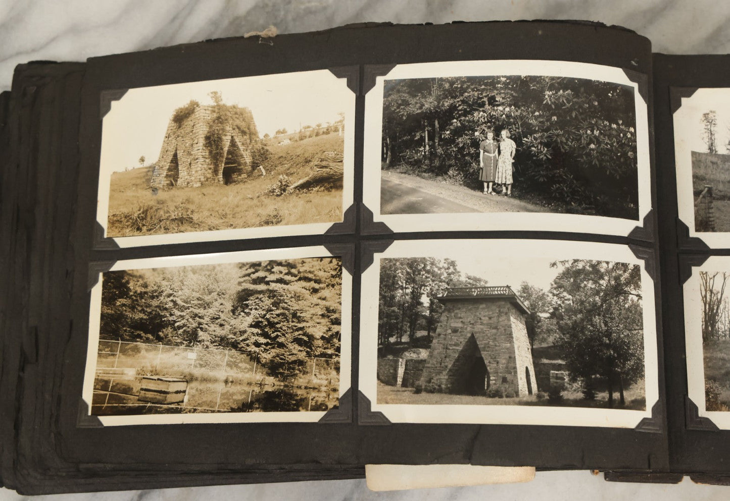 Lot 135 - Vintage Brown Photo Album With Detached Cover And Many Snapshot Photographs Including Gravestones, Houses, Churches, In And Around Nashua New Hampshire, Circa 1935 (All Pages Pictured)