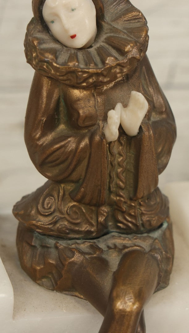 Lot 009 - Pair Of Art Deco Figural Pierrot Bookends, Cast Metal With Marble Bases, Sitting Clown Design