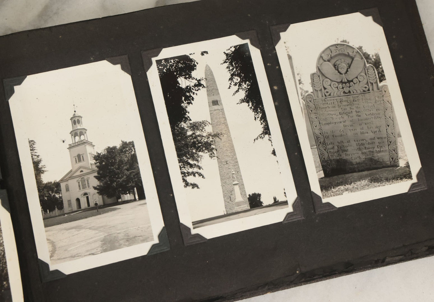 Lot 135 - Vintage Brown Photo Album With Detached Cover And Many Snapshot Photographs Including Gravestones, Houses, Churches, In And Around Nashua New Hampshire, Circa 1935 (All Pages Pictured)