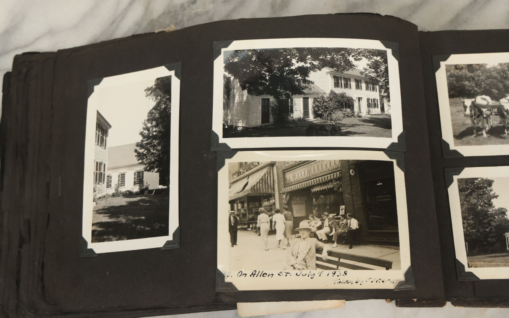 Lot 135 - Vintage Brown Photo Album With Detached Cover And Many Snapshot Photographs Including Gravestones, Houses, Churches, In And Around Nashua New Hampshire, Circa 1935 (All Pages Pictured)