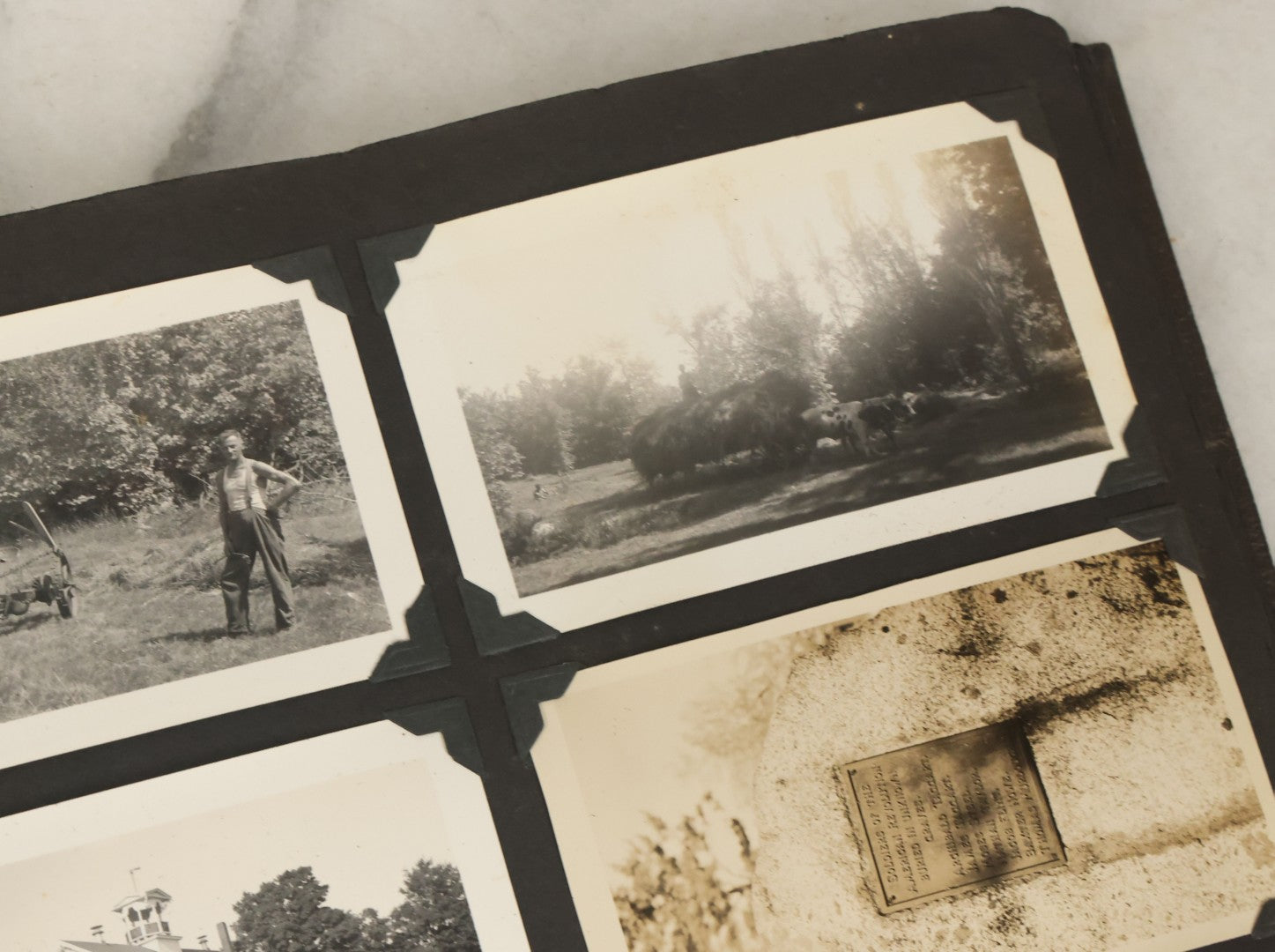 Lot 135 - Vintage Brown Photo Album With Detached Cover And Many Snapshot Photographs Including Gravestones, Houses, Churches, In And Around Nashua New Hampshire, Circa 1935 (All Pages Pictured)