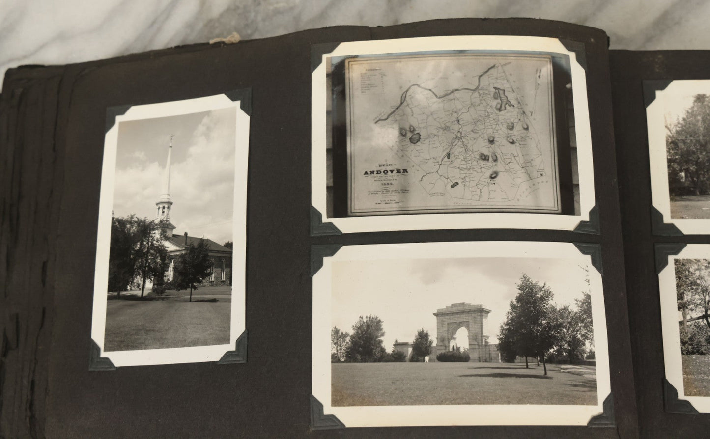 Lot 135 - Vintage Brown Photo Album With Detached Cover And Many Snapshot Photographs Including Gravestones, Houses, Churches, In And Around Nashua New Hampshire, Circa 1935 (All Pages Pictured)