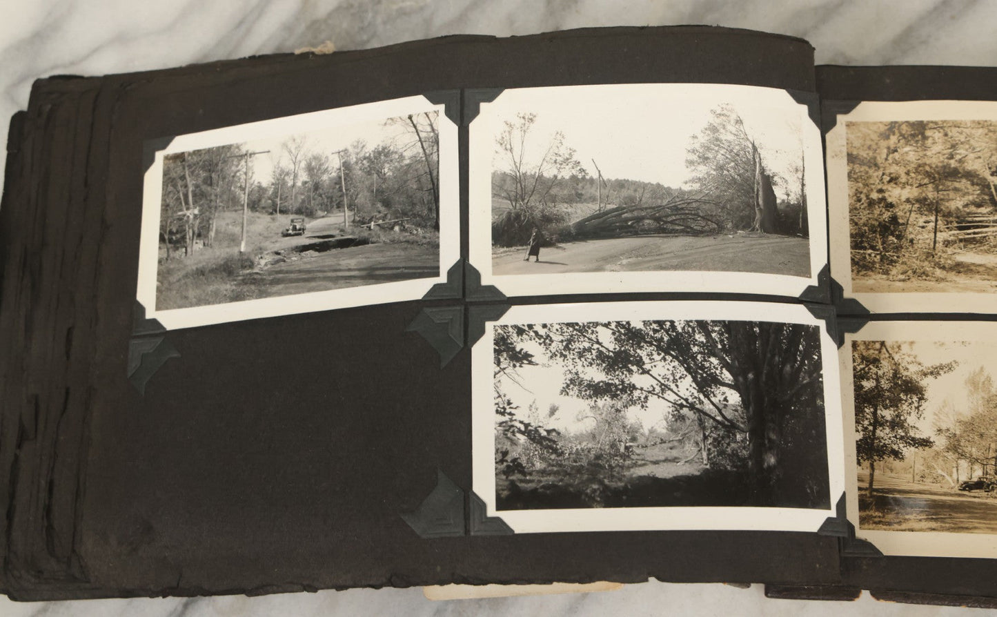 Lot 135 - Vintage Brown Photo Album With Detached Cover And Many Snapshot Photographs Including Gravestones, Houses, Churches, In And Around Nashua New Hampshire, Circa 1935 (All Pages Pictured)