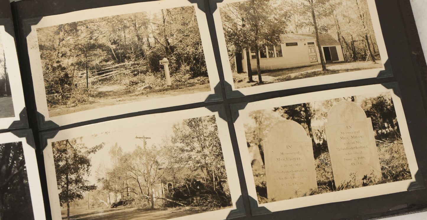 Lot 135 - Vintage Brown Photo Album With Detached Cover And Many Snapshot Photographs Including Gravestones, Houses, Churches, In And Around Nashua New Hampshire, Circa 1935 (All Pages Pictured)