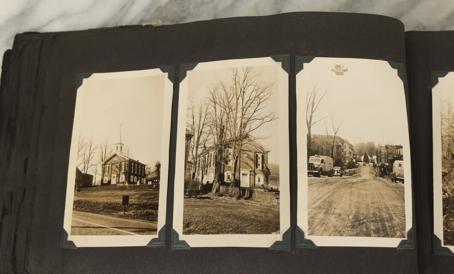 Lot 135 - Vintage Brown Photo Album With Detached Cover And Many Snapshot Photographs Including Gravestones, Houses, Churches, In And Around Nashua New Hampshire, Circa 1935 (All Pages Pictured)