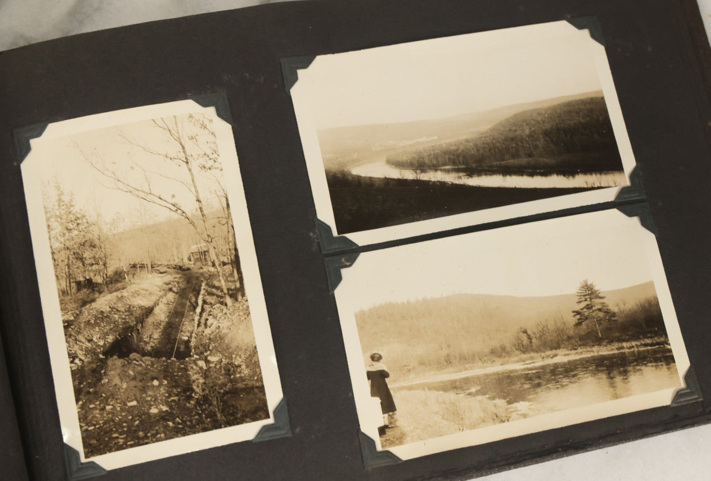 Lot 135 - Vintage Brown Photo Album With Detached Cover And Many Snapshot Photographs Including Gravestones, Houses, Churches, In And Around Nashua New Hampshire, Circa 1935 (All Pages Pictured)