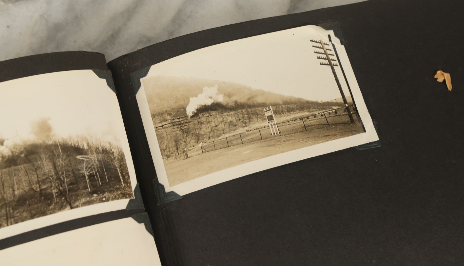 Lot 135 - Vintage Brown Photo Album With Detached Cover And Many Snapshot Photographs Including Gravestones, Houses, Churches, In And Around Nashua New Hampshire, Circa 1935 (All Pages Pictured)