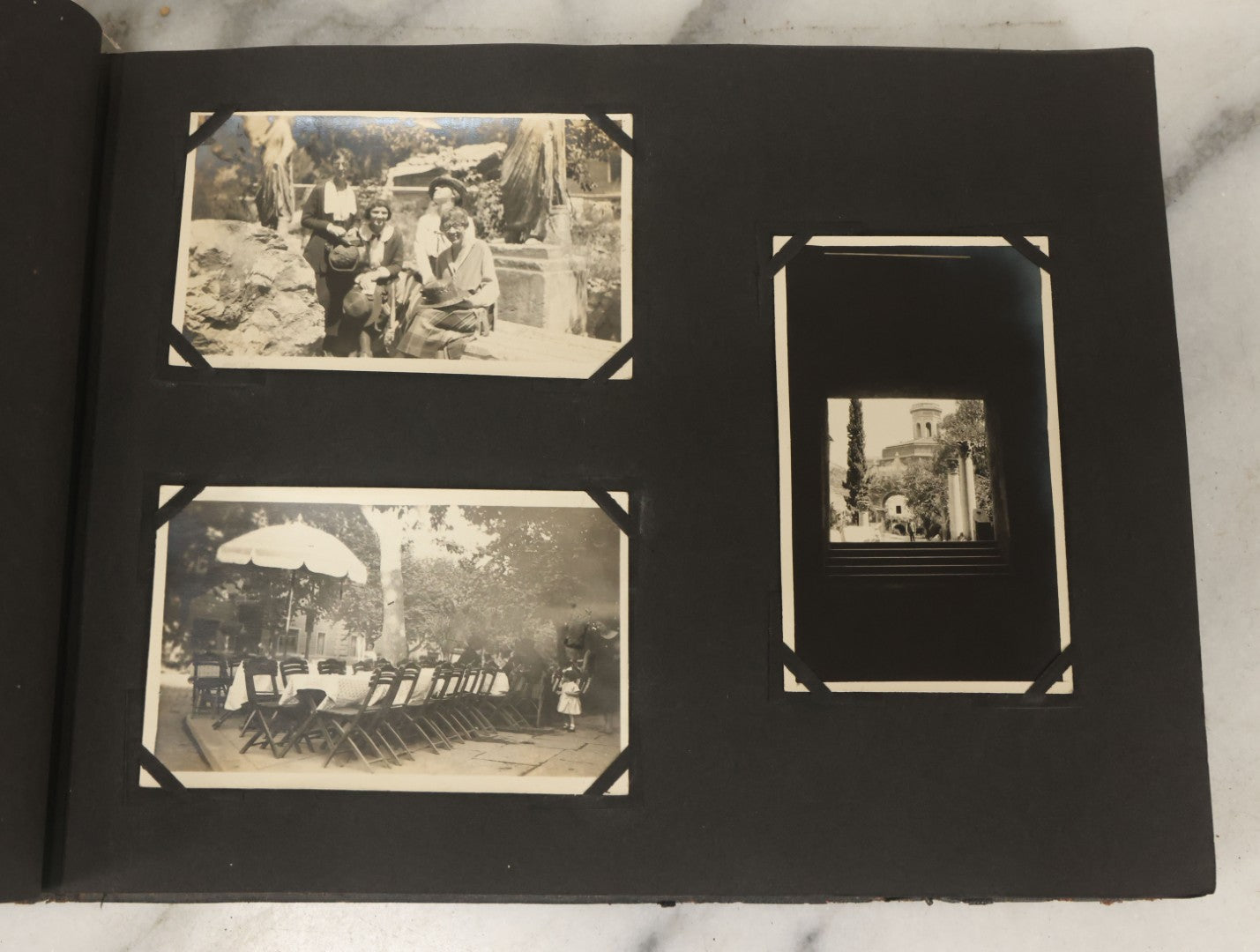 Lot 136 - Antique Black Photo Album With Detached Cover And Many Snapshot Photographs Of A Trip To Europe, Italy, Etc., Including Photos Of Ruins, Circa 1920s (All Pages Pictured) 
