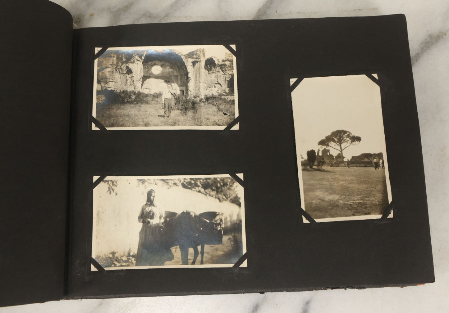 Lot 136 - Antique Black Photo Album With Detached Cover And Many Snapshot Photographs Of A Trip To Europe, Italy, Etc., Including Photos Of Ruins, Circa 1920s (All Pages Pictured) 