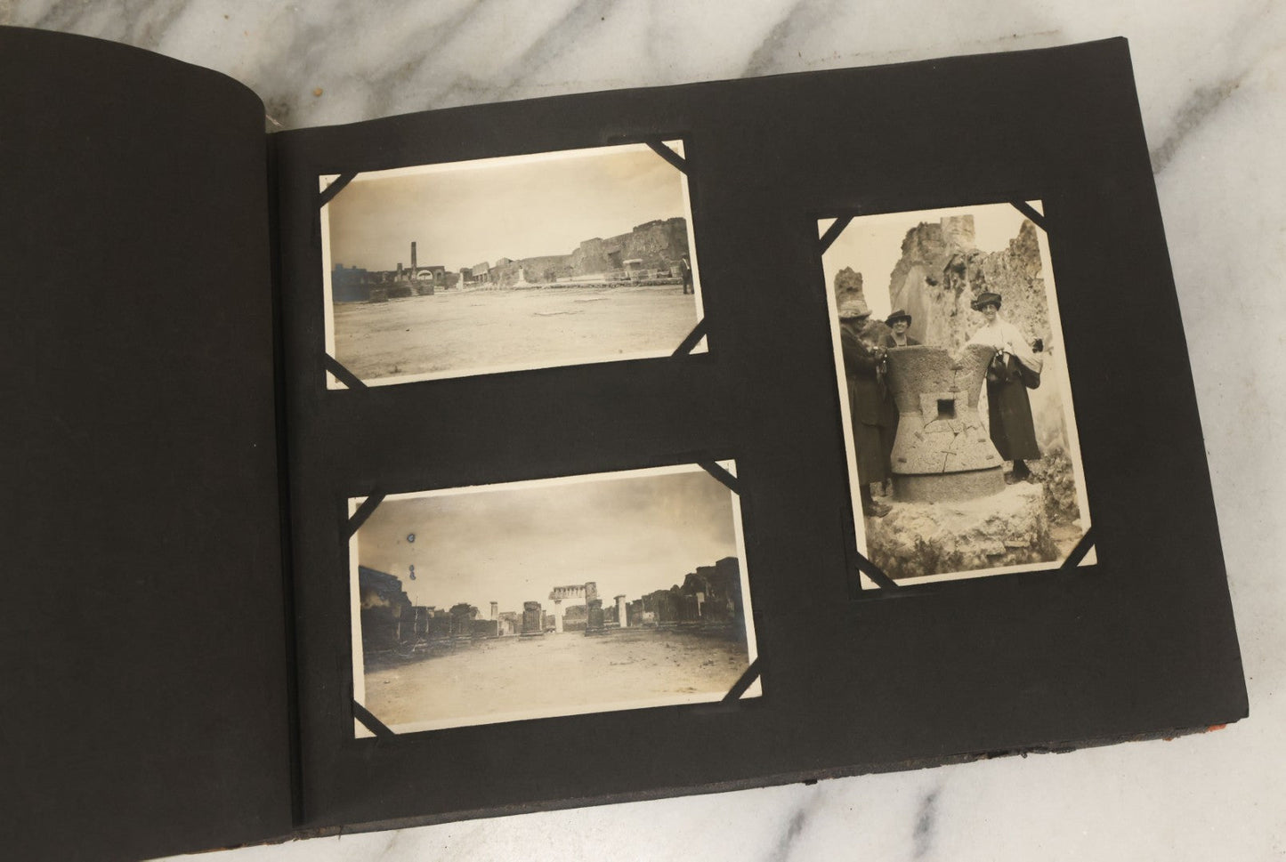 Lot 136 - Antique Black Photo Album With Detached Cover And Many Snapshot Photographs Of A Trip To Europe, Italy, Etc., Including Photos Of Ruins, Circa 1920s (All Pages Pictured) 