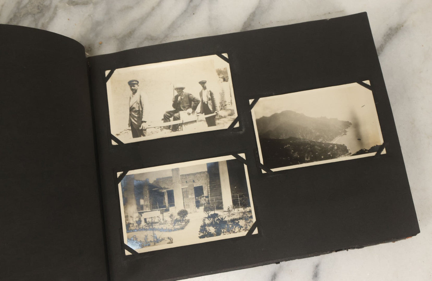 Lot 136 - Antique Black Photo Album With Detached Cover And Many Snapshot Photographs Of A Trip To Europe, Italy, Etc., Including Photos Of Ruins, Circa 1920s (All Pages Pictured) 