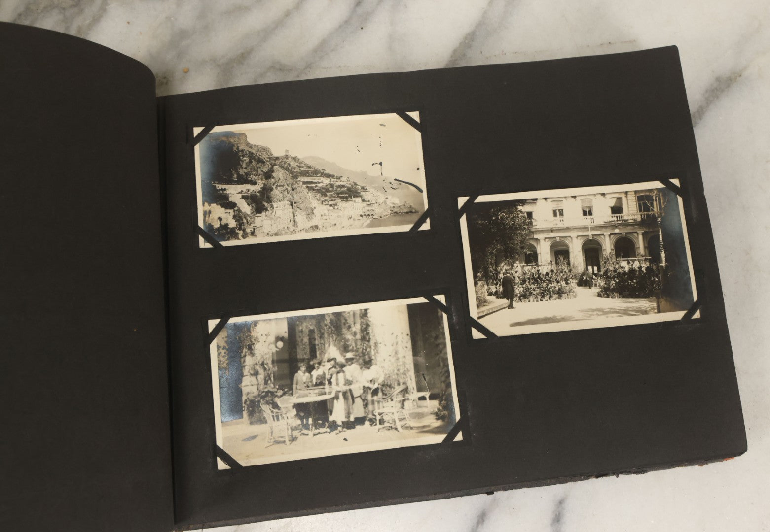 Lot 136 - Antique Black Photo Album With Detached Cover And Many Snapshot Photographs Of A Trip To Europe, Italy, Etc., Including Photos Of Ruins, Circa 1920s (All Pages Pictured) 