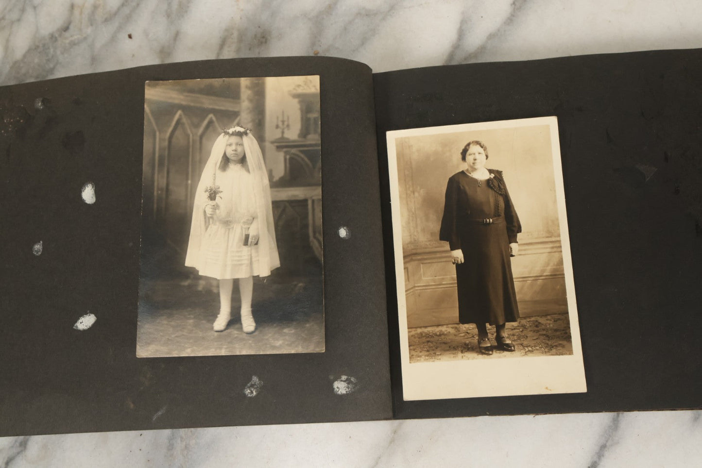 Lot 138 - Antique Brown Photo Album With Mostly Real Photo Postcards R.P.P.C. And Cyanotypes, Including First Communion Photos And More (All Pages Pictured)