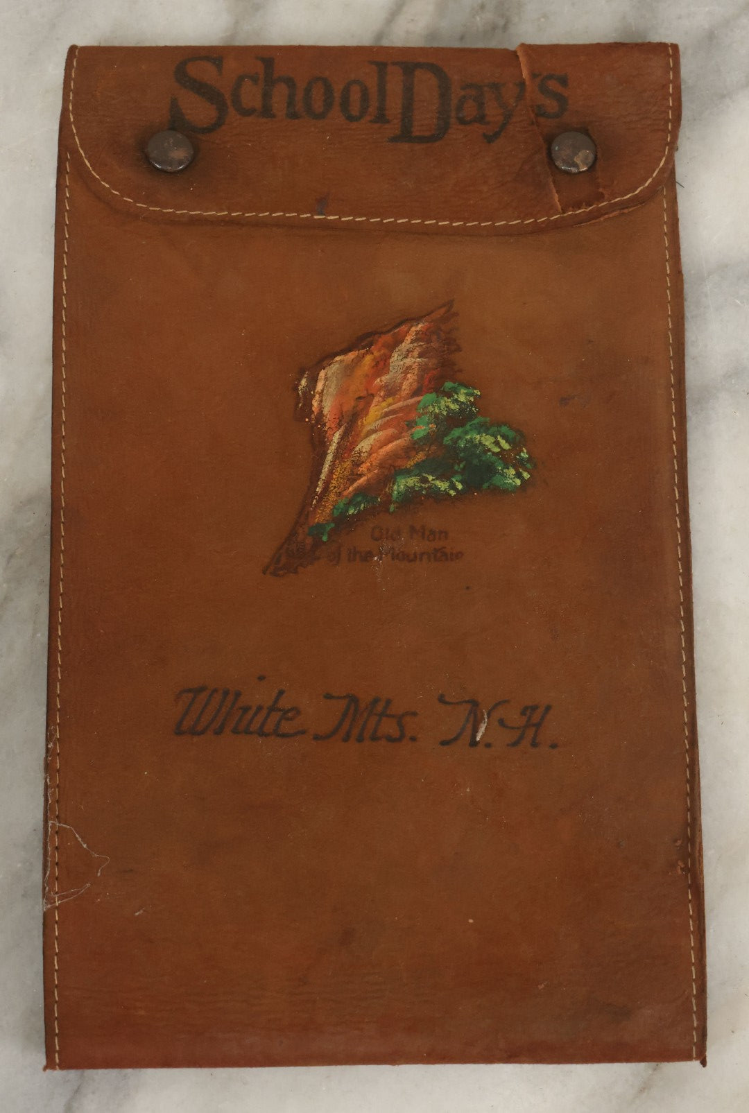 Lot 139 - Antique Leather School Days Wallet Document Case, Souvenir Of The White Mountains, New Hampshire, Old Man In The Mountain, Note Tear Near Button