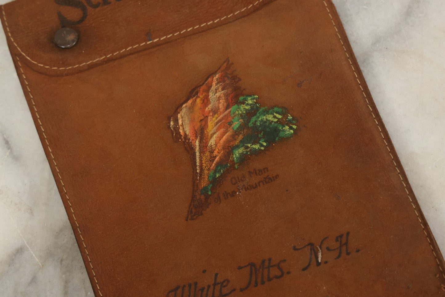 Lot 139 - Antique Leather School Days Wallet Document Case, Souvenir Of The White Mountains, New Hampshire, Old Man In The Mountain, Note Tear Near Button