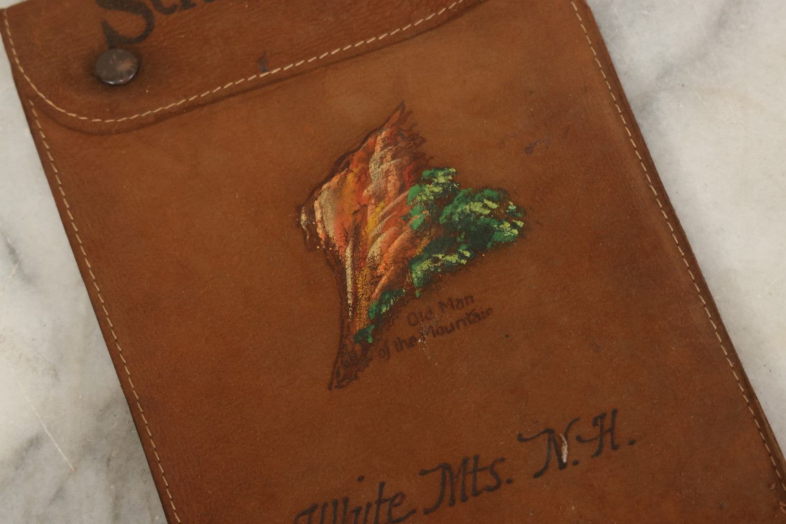 Lot 139 - Antique Leather School Days Wallet Document Case, Souvenir Of The White Mountains, New Hampshire, Old Man In The Mountain, Note Tear Near Button