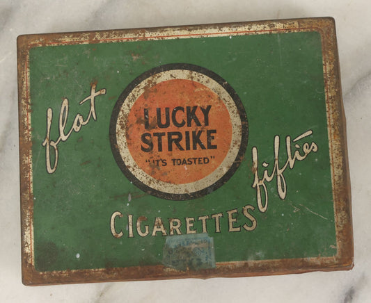 Lot 140 - Vintage Lucky Strike "Flat Fifties" Cigarette Tin Lithograph Advertising Tin, Note Wear