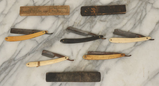 Lot 141 - Junk Drawer Lot, Grouping Of Five Antique Straight Razors And Three Razor Cases, Including Bone Handles, Mostly Poor Condition, Note Rust To Blades, Chips To Blades And Handles, As Found