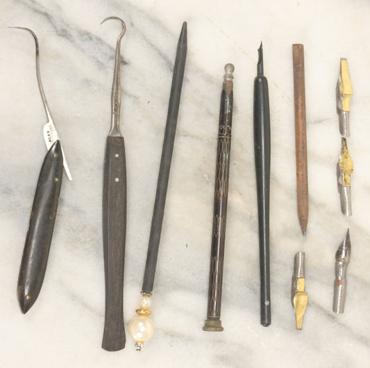 Lot 142 - Junk Drawer Lot, Grouping Of Six Plus Implements Including Antique Pens And Nibs, Hooks, And More, As Found