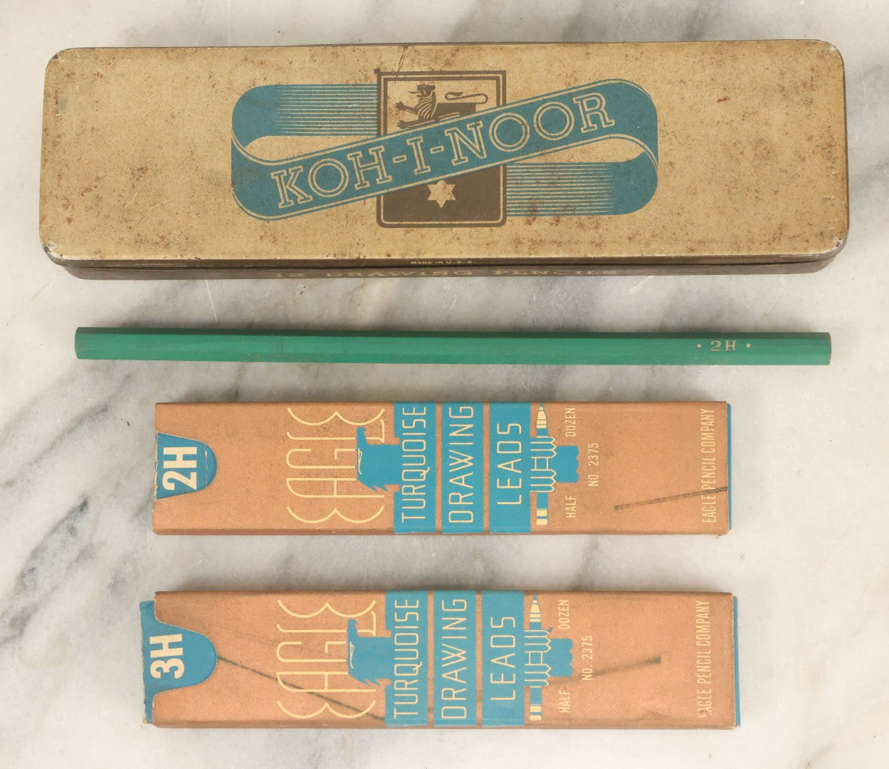 Lot 143 - Junk Drawer Lot, Grouping Of Vintage Pencil Items, Including Two Cases Of Turquoise Drawing Leads And Koh-I-Noor Pencil Tin, As Found
