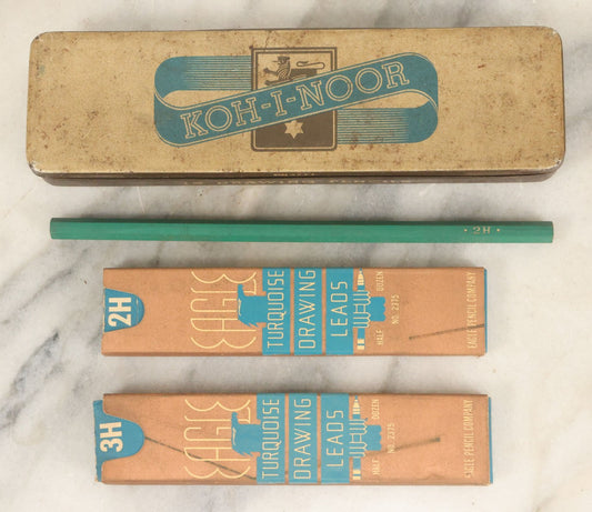 Lot 143 - Junk Drawer Lot, Grouping Of Vintage Pencil Items, Including Two Cases Of Turquoise Drawing Leads And Koh-I-Noor Pencil Tin, As Found