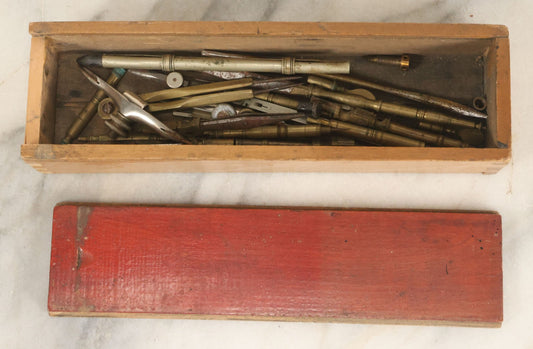 Lot 144 - Junk Drawer Lot, Grouping Of Various Brass And Metal Implements For Drafting Etc, In Wooden Box, 20+ Pieces, As Found