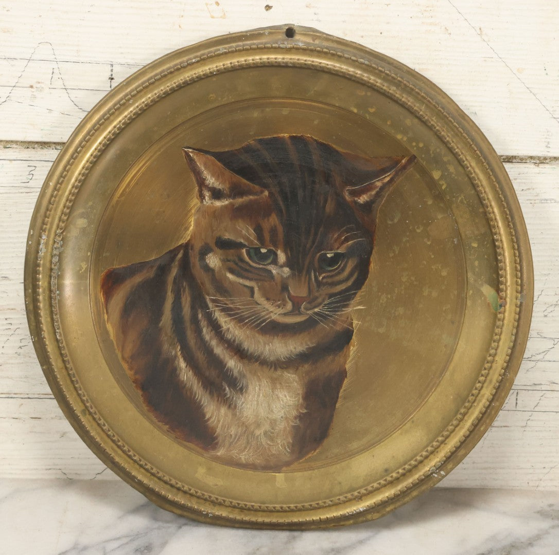 Lot 010 - Antique Hand-Painted Cat Portrait On Brass Charger, Tabby Cat Artwork, Decorative Wall Plaque, 11-7/8" Diameter