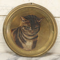 Lot 010 - Antique Hand-Painted Cat Portrait On Brass Charger, Tabby Cat Artwork, Decorative Wall Plaque, 11-7/8" Diameter