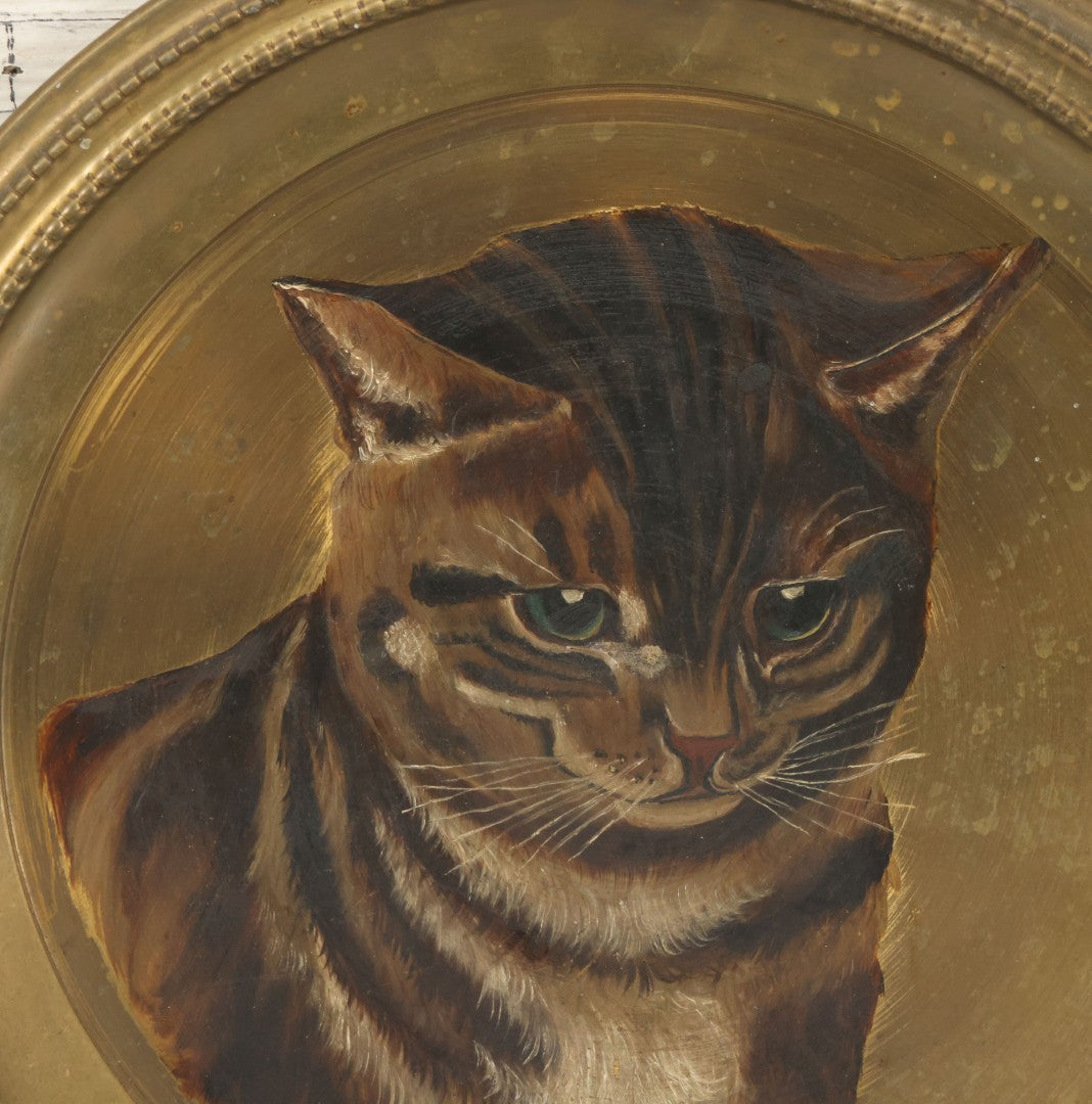 Lot 010 - Antique Hand-Painted Cat Portrait On Brass Charger, Tabby Cat Artwork, Decorative Wall Plaque, 11-7/8" Diameter